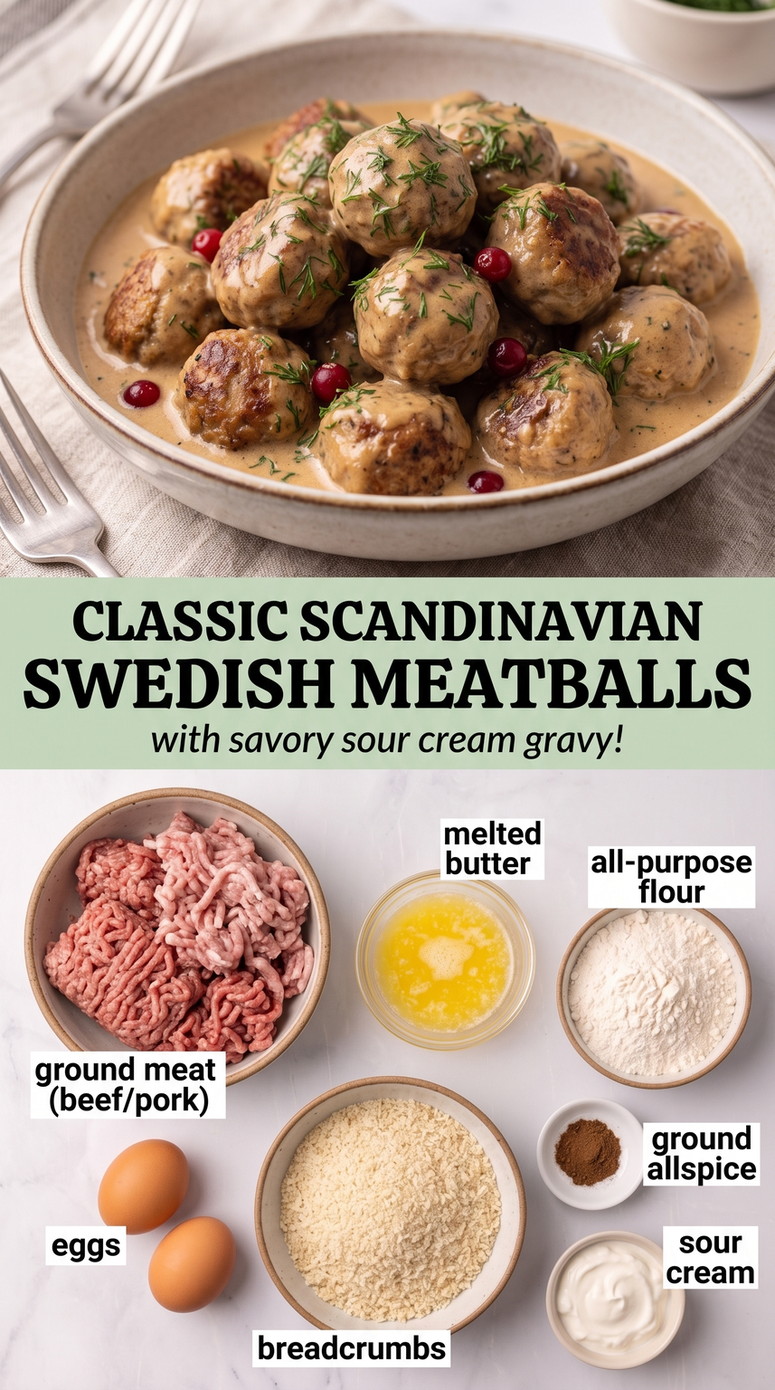 Swedish meatballs with sour cream finished dish made with ground beef and pork, melted butter, and all-purpose flour