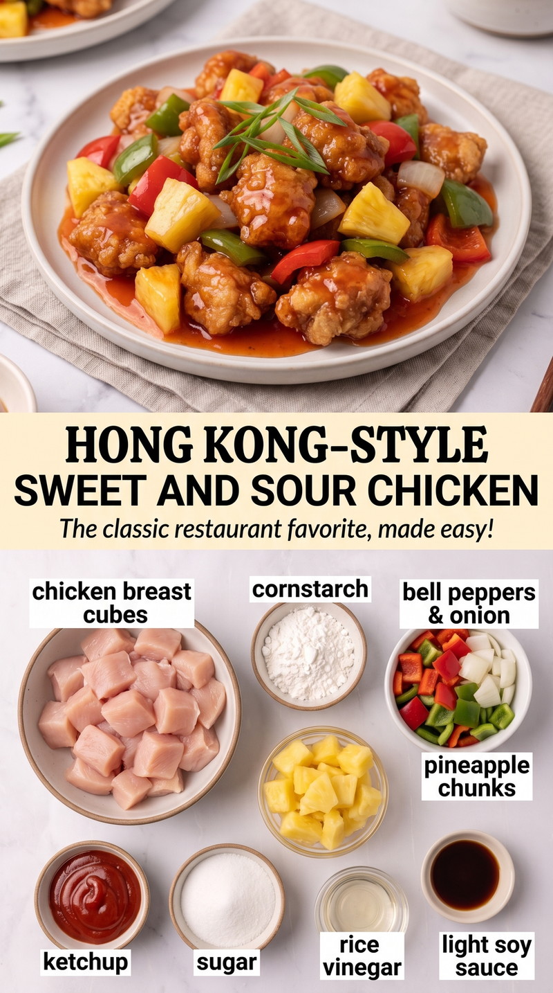 Hong Kong-style sweet and sour chicken finished dish made with chicken breast cubes, cornstarch, and bell peppers