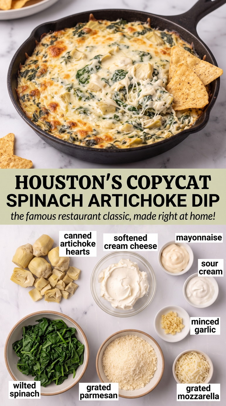 Houston's spinach artichoke dip finished dish made with canned artichoke hearts, softened cream cheese, and mayonnaise