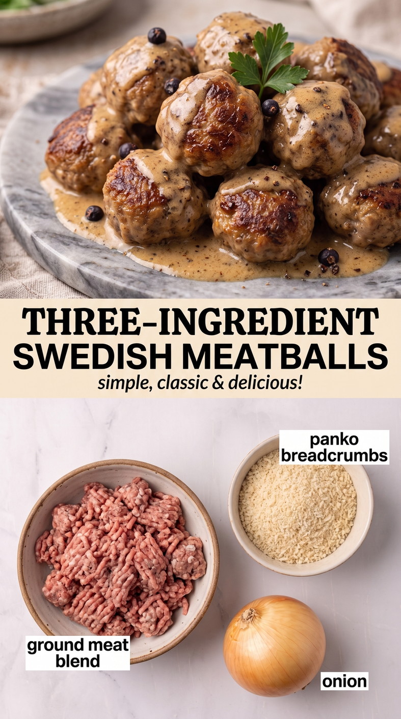 Three-ingredient Swedish meatballs finished dish made with ground meat blend, panko breadcrumbs, and onion