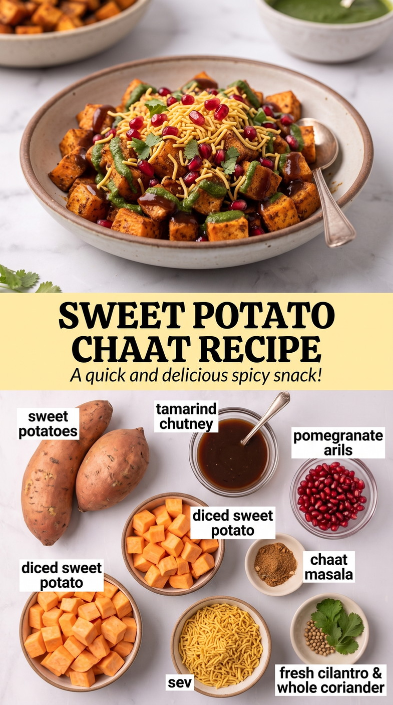 Sweet potato chaat recipe finished dish made with sweet potatoes, tamarind chutney, and pomegranate arils
