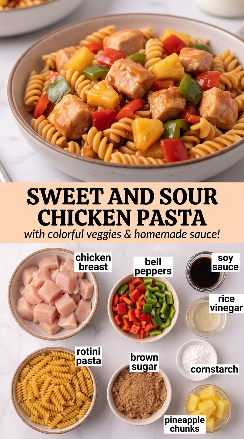 Sweet and sour chicken pasta finished dish made with chicken breast, bell peppers, and soy sauce