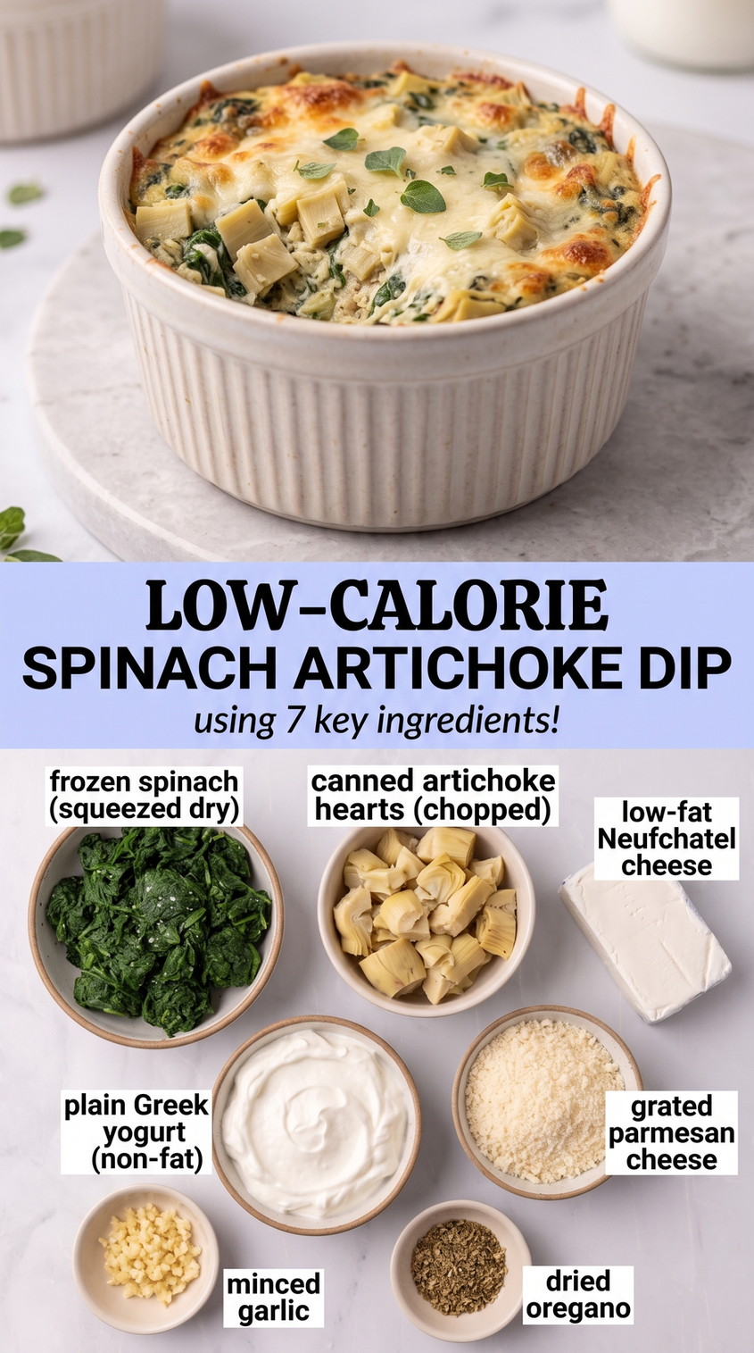 Low-calorie spinach artichoke dip finished dish made with frozen spinach, canned artichoke hearts, and low-fat Neufchâtel cheese