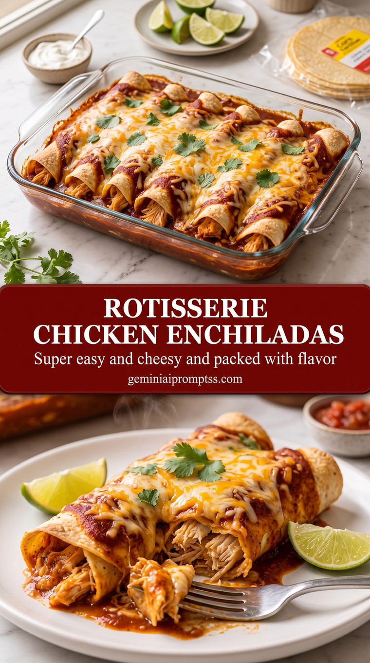Rotisserie Chicken Enchiladas with rolled chicken enchiladas with red sauce, melted cheese, and a fresh green finish