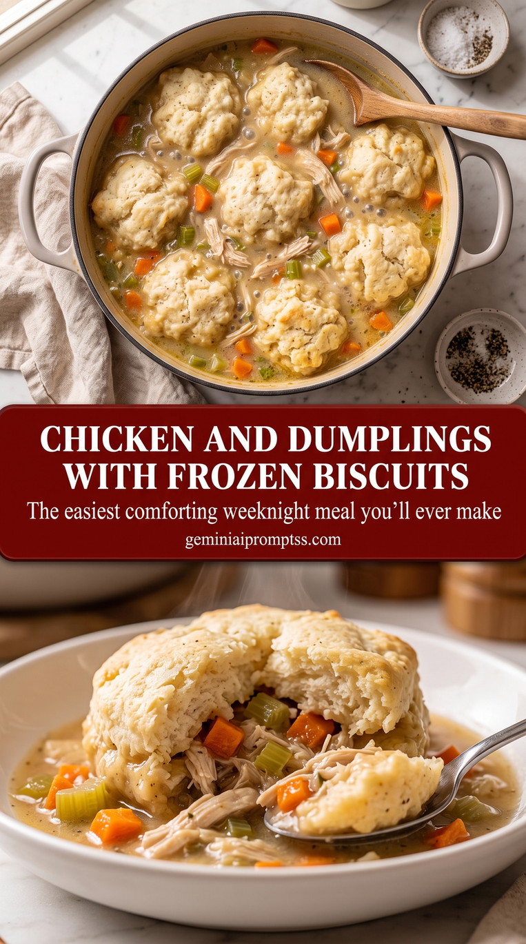 chicken and dumplings with frozen biscuits with chicken and dumplings with shredded chicken, carrots, celery, peas, broth, herbs, and large biscuit dumplings