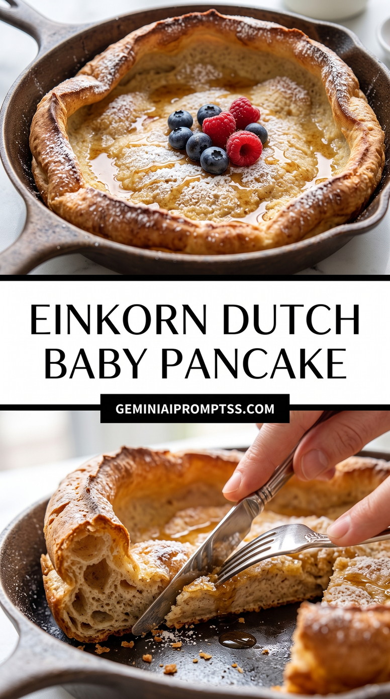 Einkorn Dutch Baby Pancake showing rustic golden Dutch baby in cast iron with berries and a slightly deeper whole-grain color