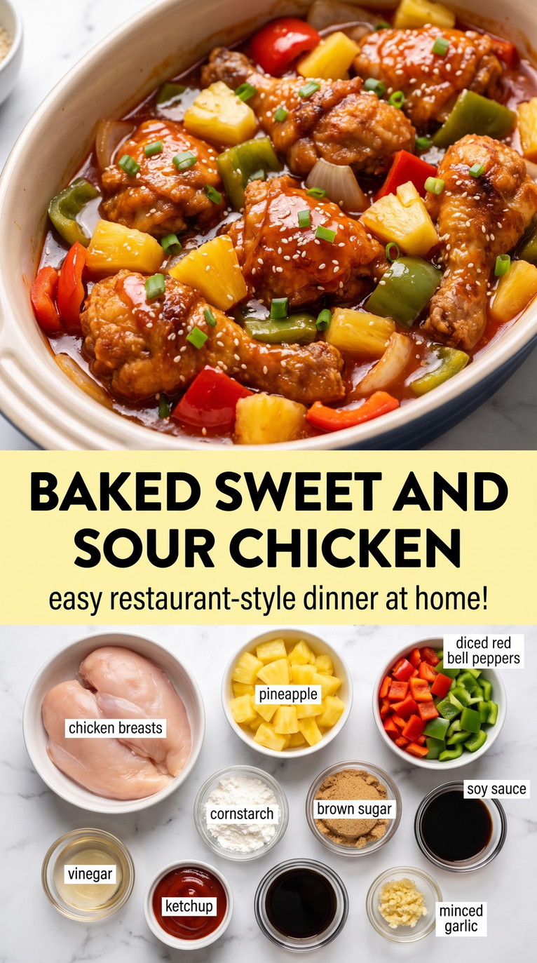 Baked sweet and sour chicken finished dish made with chicken breasts, pineapple, and diced red and green bell peppers