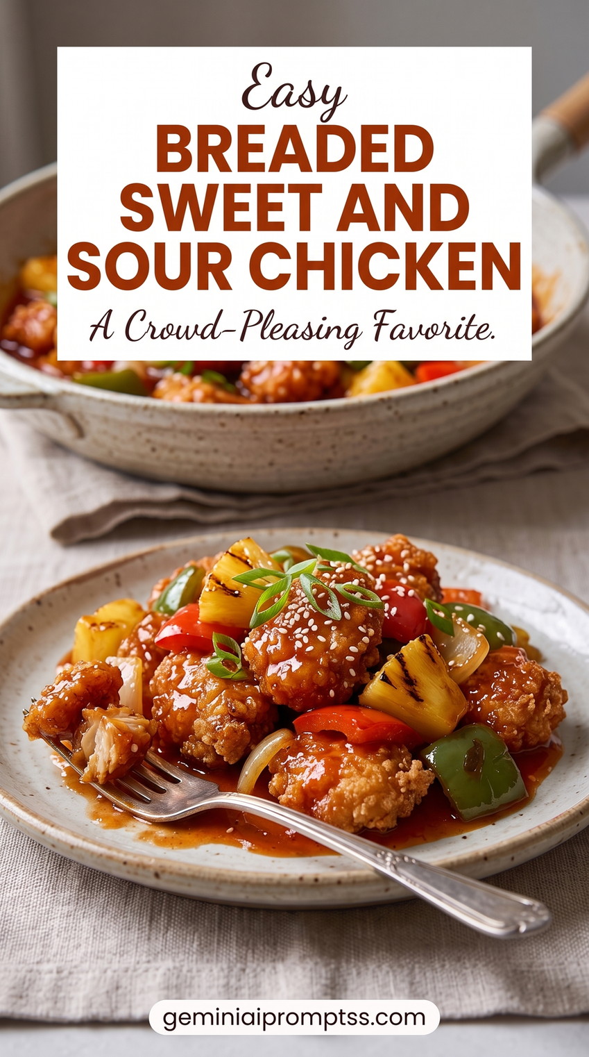 Breaded sweet and sour chicken showing crunchy breaded chicken with pineapple, onion, peppers, sesame, and scallions