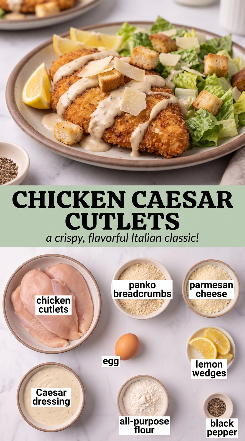 Chicken caesar cutlets showing crisp Parmesan chicken cutlets served Caesar-style
