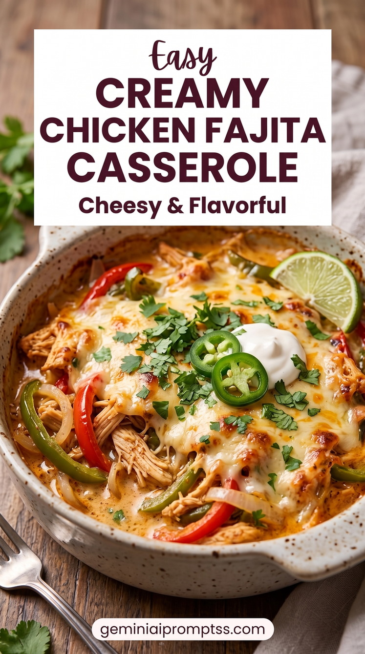 Creamy Chicken Fajita Casserole with sliced chicken breast strips, colorful bell peppers, onions, lime, and browned fajita-style edges
