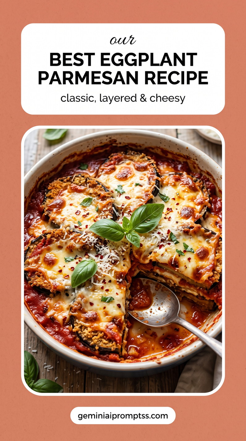 Deep-Dish Eggplant Parmesan Casserole showing casserole-style eggplant parmesan with layered rounds, tomato sauce, browned cheese, and basil