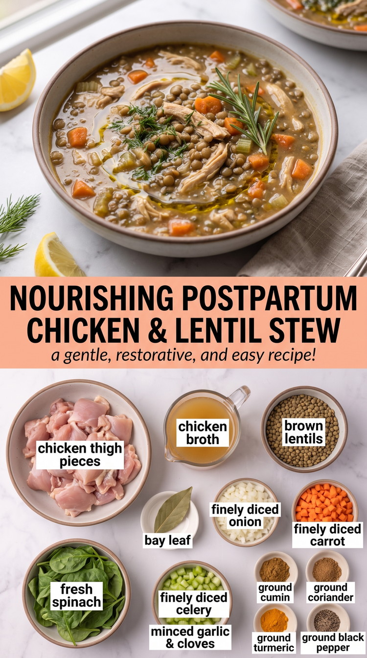 First 40 Days Postpartum Recipes showing a warm chicken and lentil stew with carrots, celery, spinach and barley