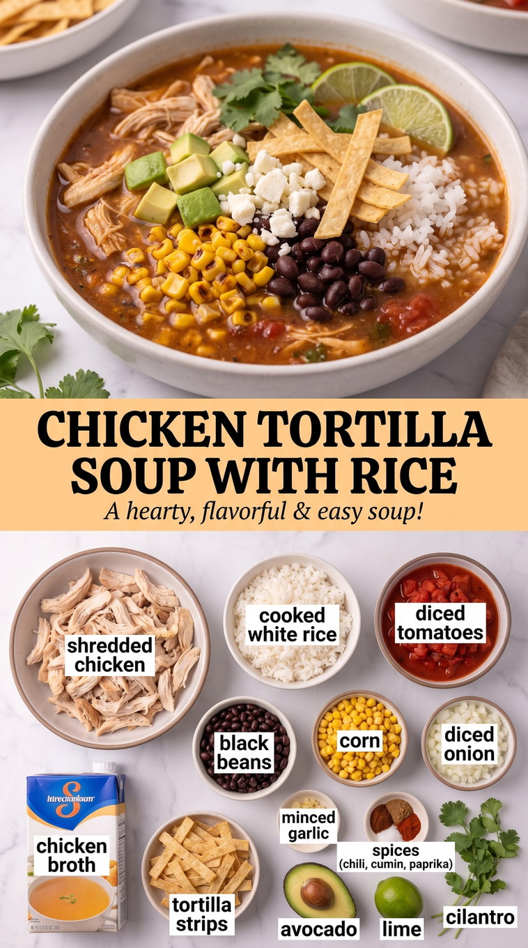 Chicken Tortilla Soup with Rice - a hearty bowl with shredded chicken, beans, corn, tortilla strips, and fresh toppings