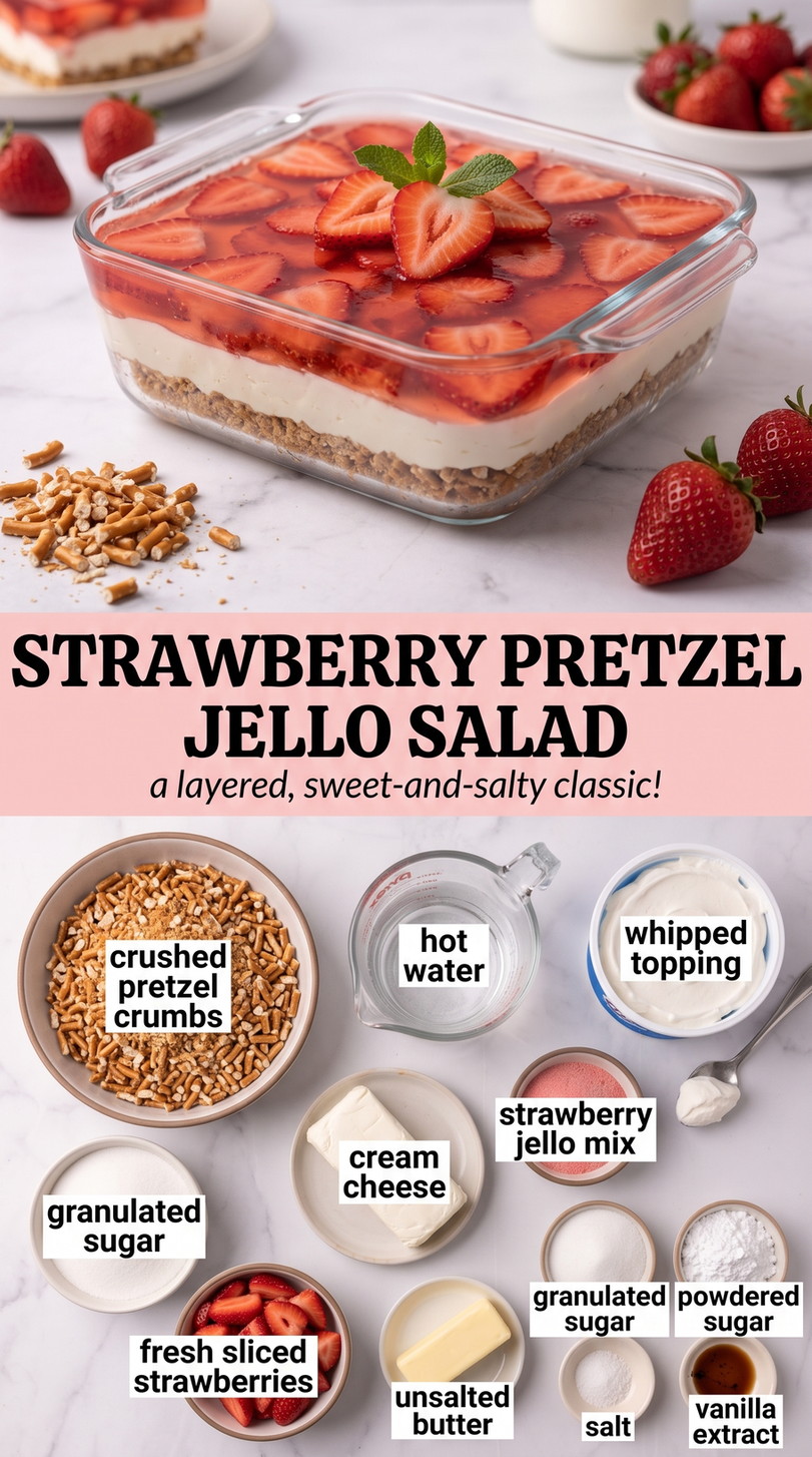 Strawberry Pretzel Jello Salad showing layered strawberry pretzel salad with a crisp pretzel crust, creamy white center, and glossy fruit topping