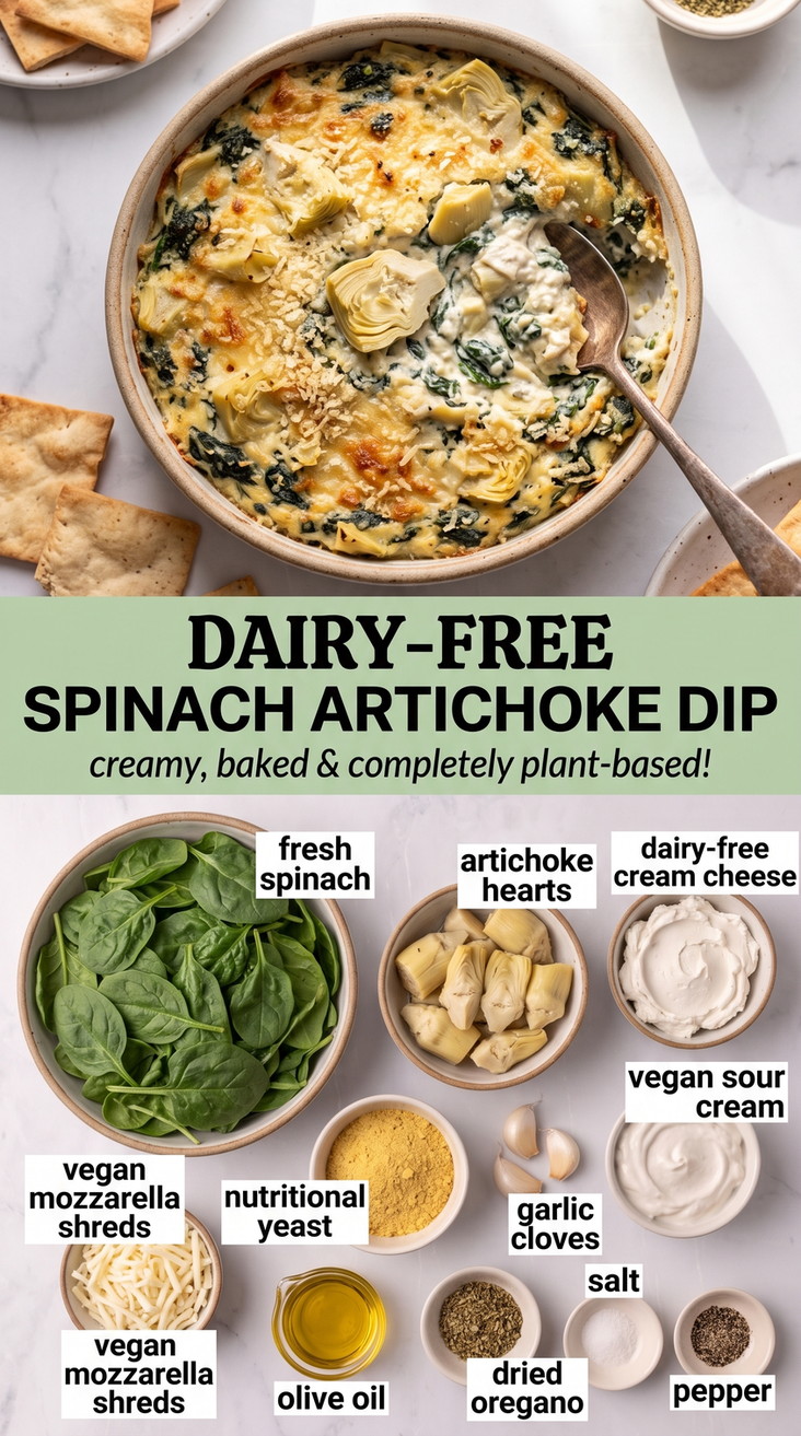 Dairy-free spinach artichoke dip finished dish made with fresh spinach, artichoke hearts, and dairy-free cream cheese