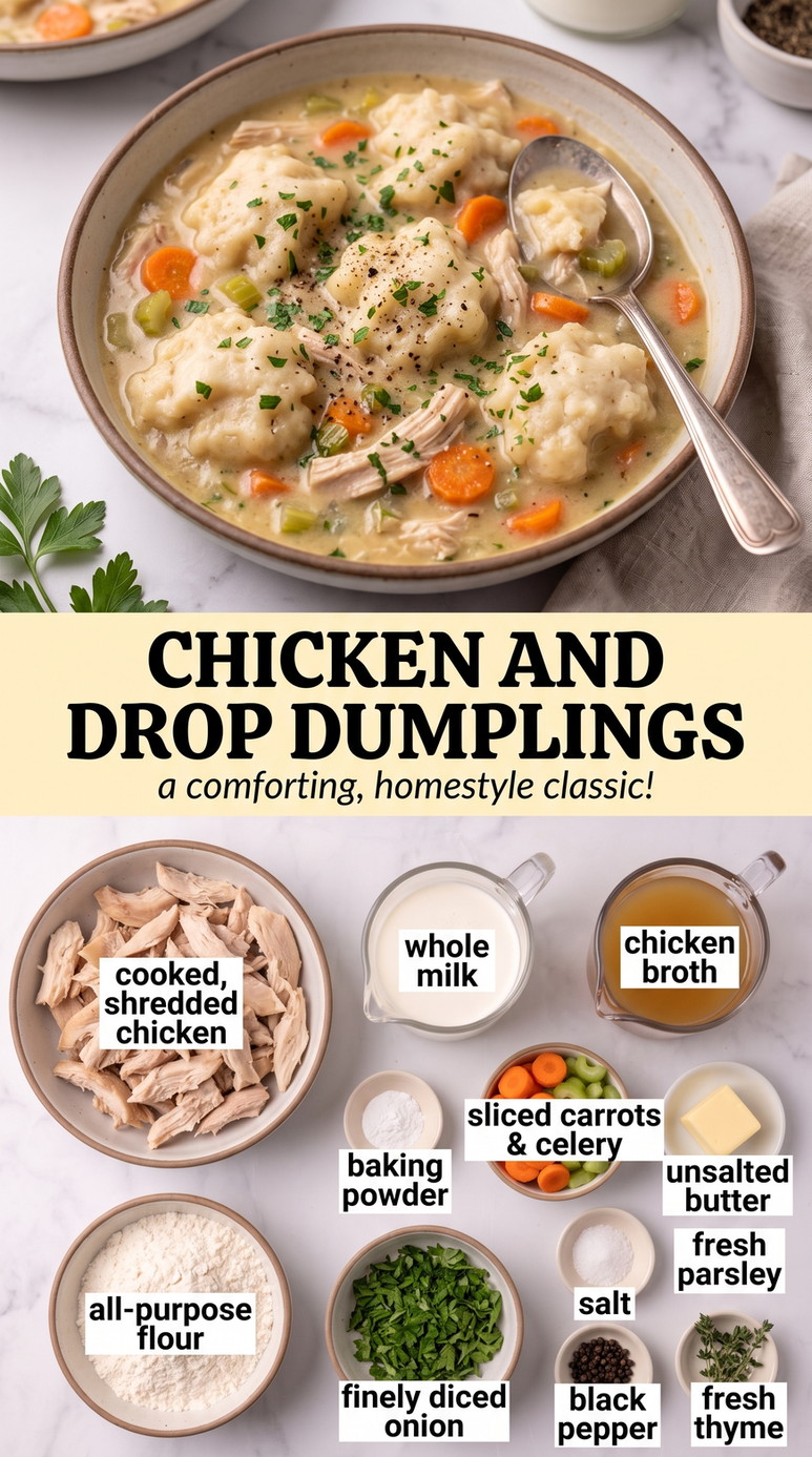 Chicken and Drop Dumplings with shredded chicken in creamy broth with carrots, celery, herbs, and soft drop dumplings