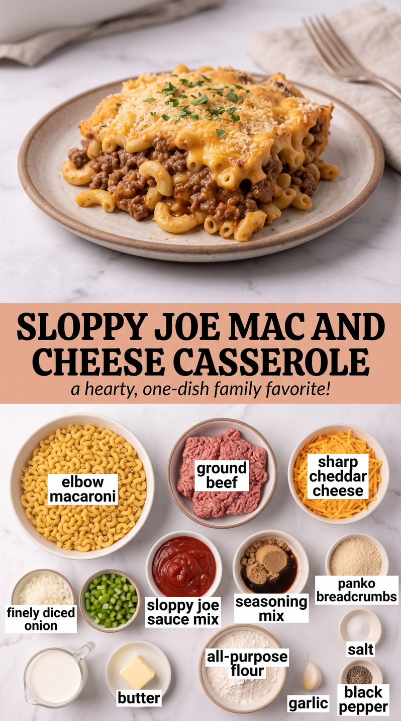 Sloppy Joe Mac and Cheese Casserole with sloppy-joe beef folded through cheesy elbow macaroni with a crisp breadcrumb finish