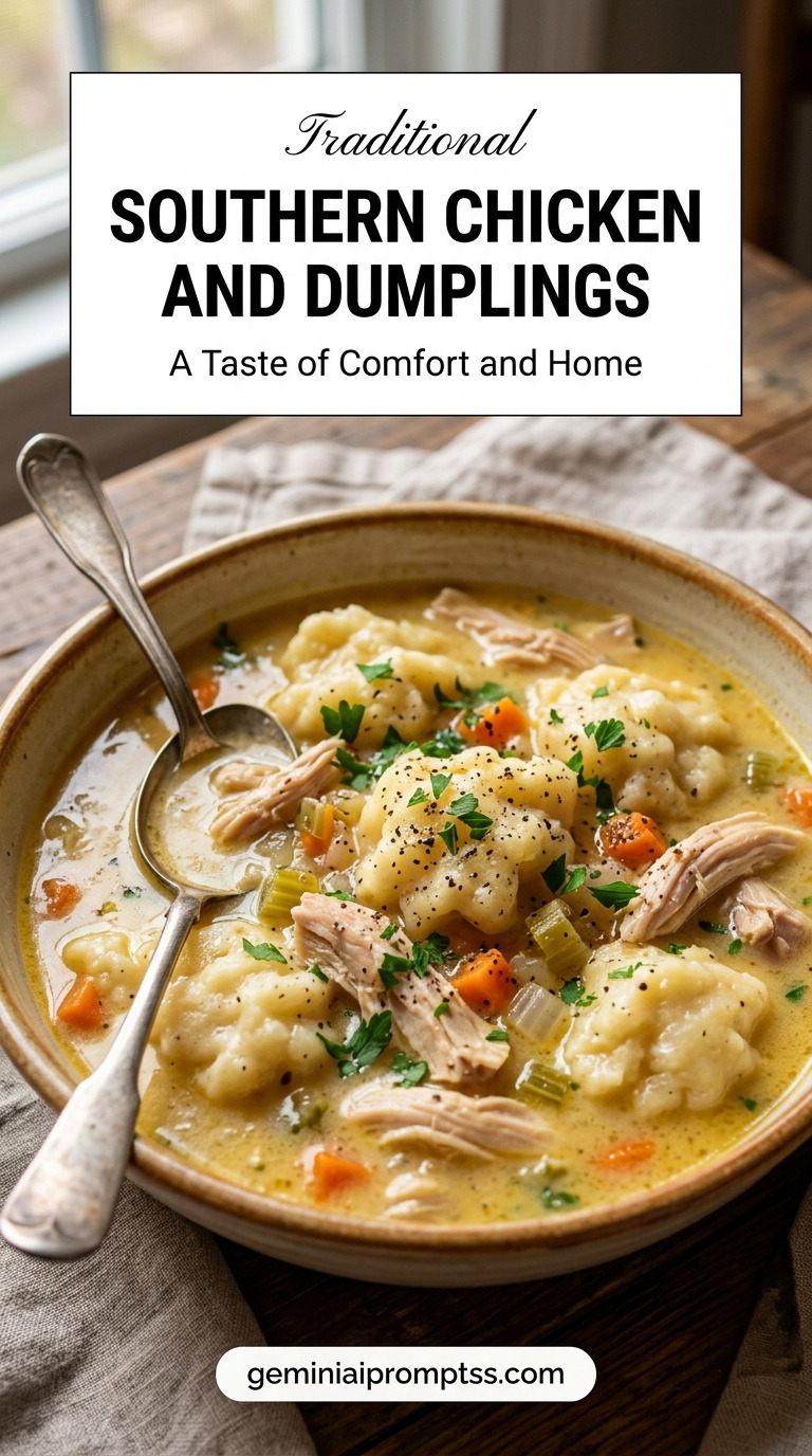 Southern Chicken and Dumplings showing a rich Southern chicken stew with carrots, celery, and generous fluffy dumplings