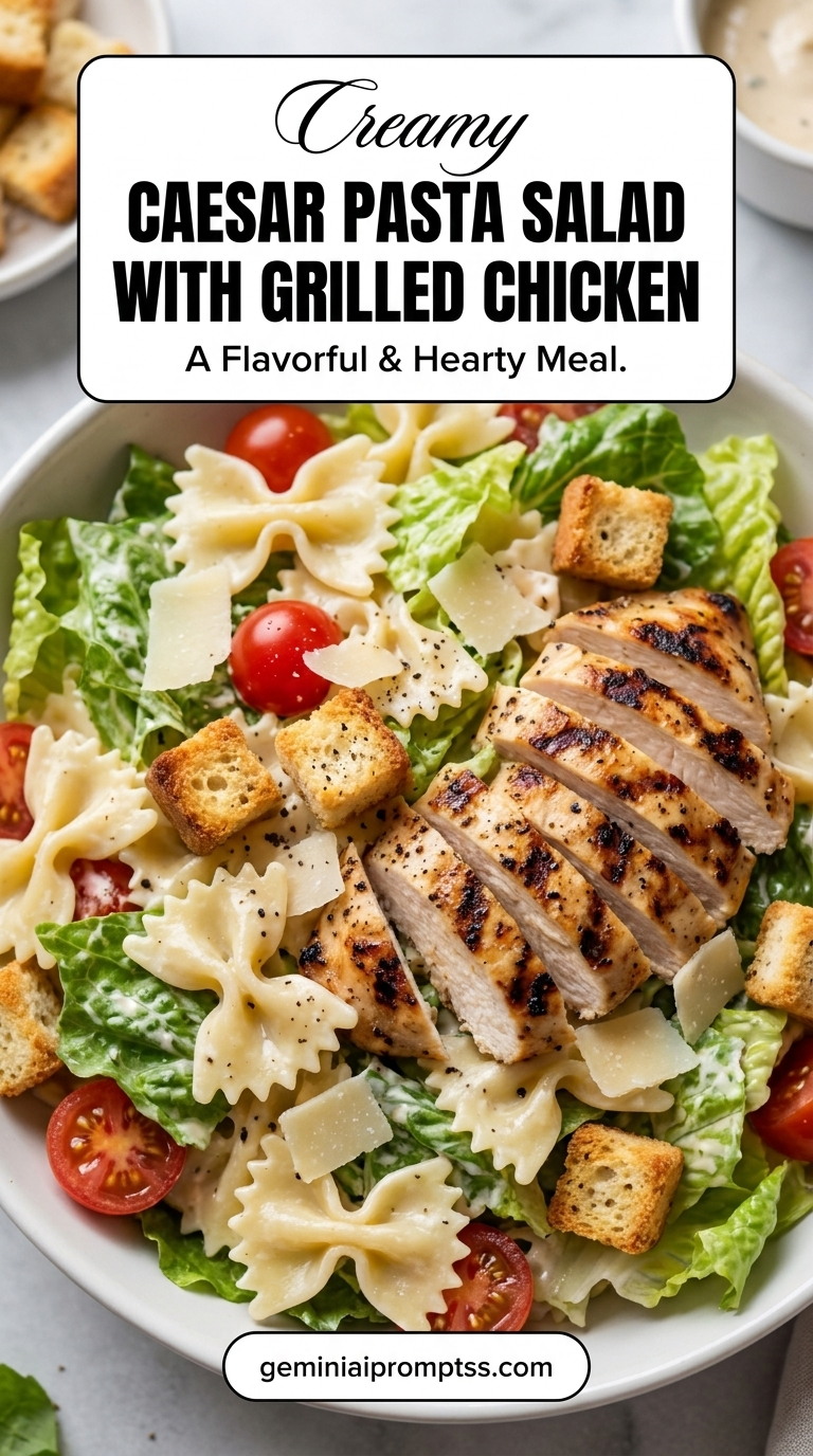 Caesar Pasta Salad with Grilled Chicken with golden chicken, crisp romaine, Parmesan, creamy Caesar-style dressing, and crunchy elements such as croutons or toasted bread