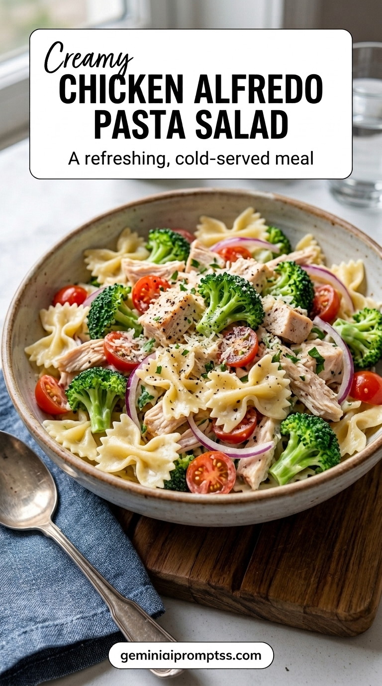 Chicken Alfredo Pasta Salad finished recipe with a cool pasta-salad finish
