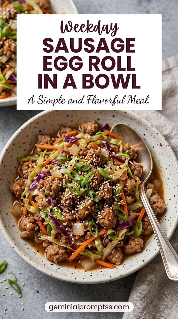 Sausage Egg Roll in a Bowl showing bulk pork sausage with cabbage, carrots, onion, ginger, garlic, scallions, sesame, and savory sauce
