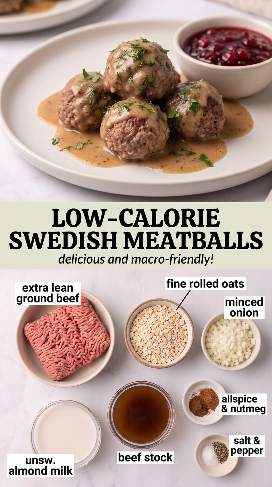 Low-calorie Swedish meatballs finished dish made with extra-lean ground beef, fine rolled oats, and minced onion