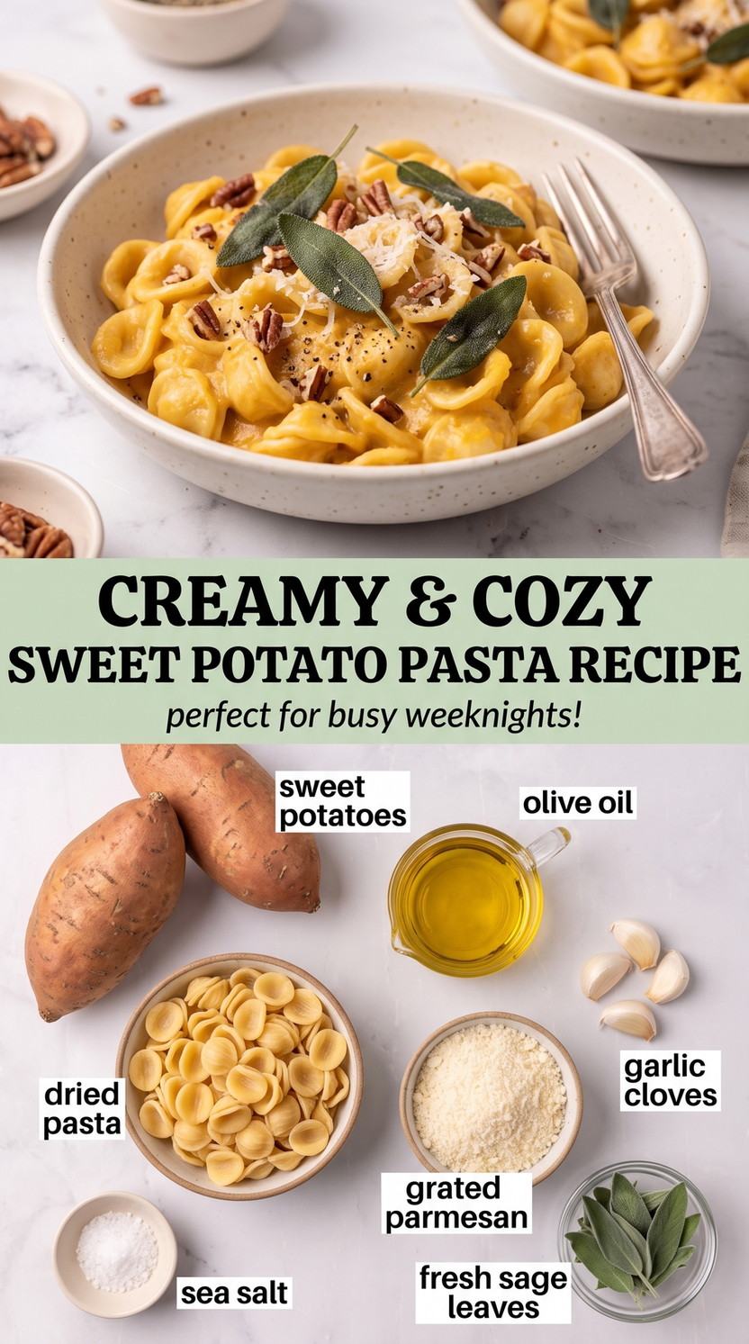 Sweet potato pasta recipe finished dish made with sweet potatoes, olive oil, and dried pasta