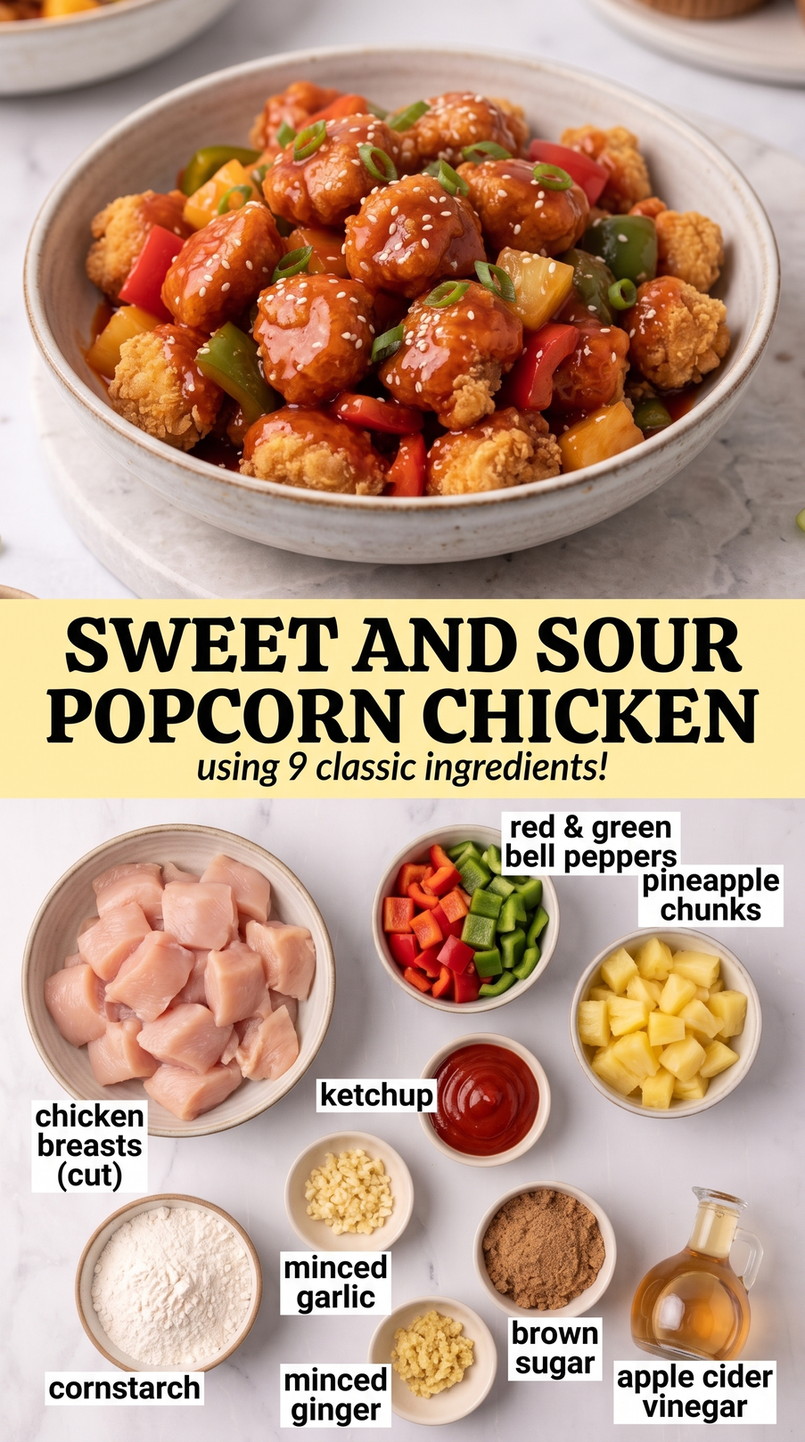 Sweet and sour popcorn chicken finished dish made with chicken breast pieces, red bell pepper, and green bell pepper