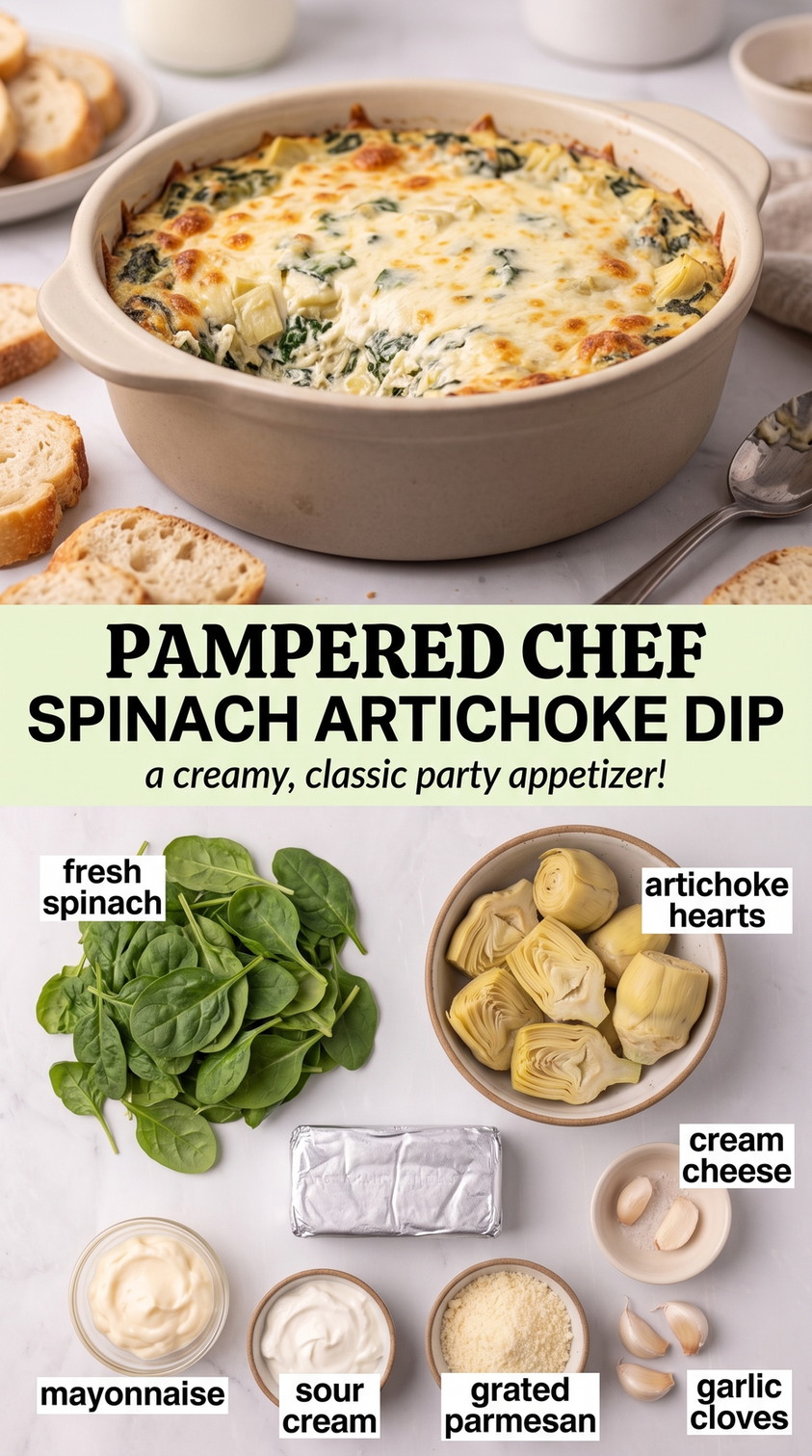 Pampered Chef spinach artichoke dip finished dish made with fresh spinach, artichoke hearts, and cream cheese