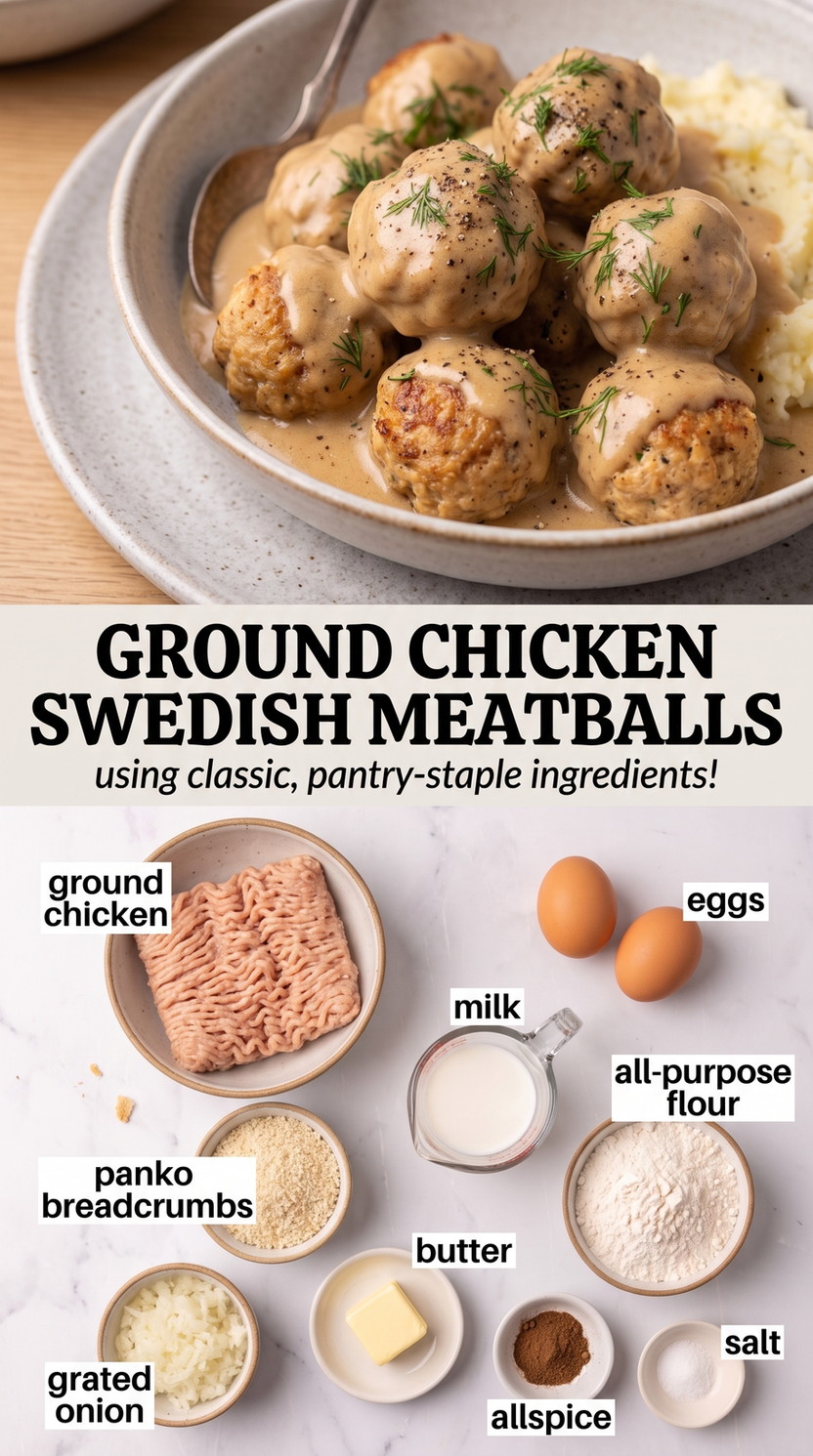 Ground chicken Swedish meatballs finished dish made with ground chicken, eggs, and milk