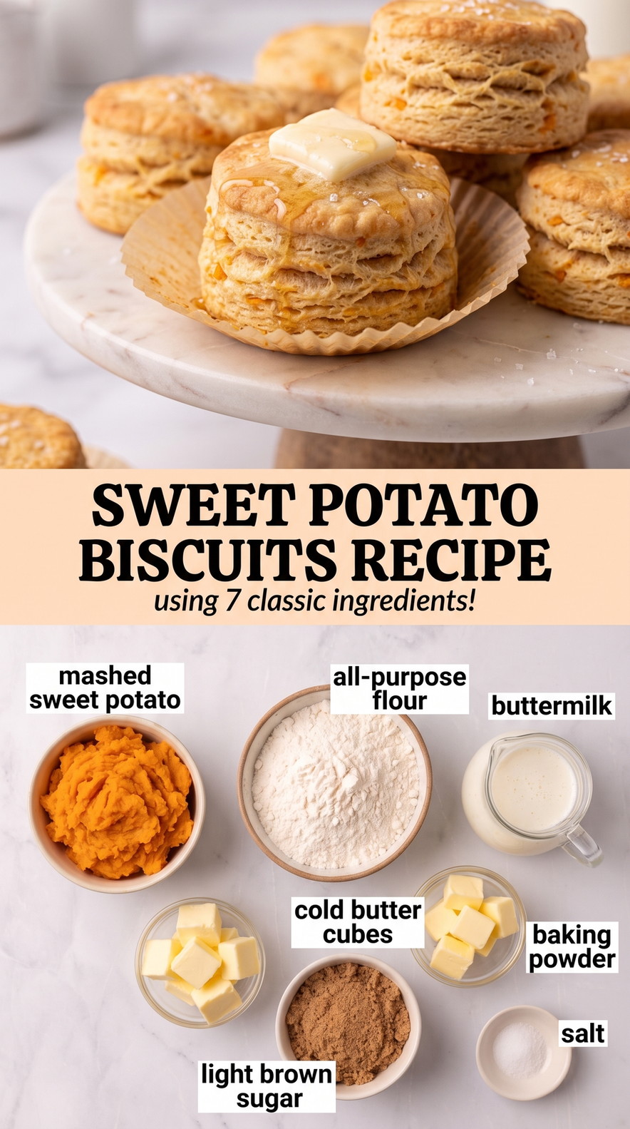 Sweet potato biscuits recipe finished dish made with mashed sweet potato, all-purpose flour, and buttermilk
