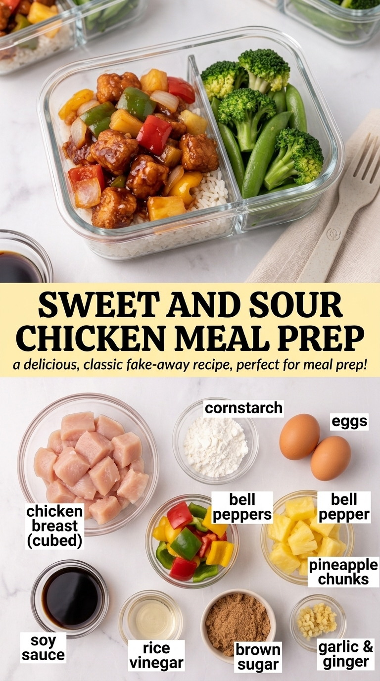 Sweet and sour chicken meal prep finished dish made with chicken breast cubes, cornstarch, and eggs
