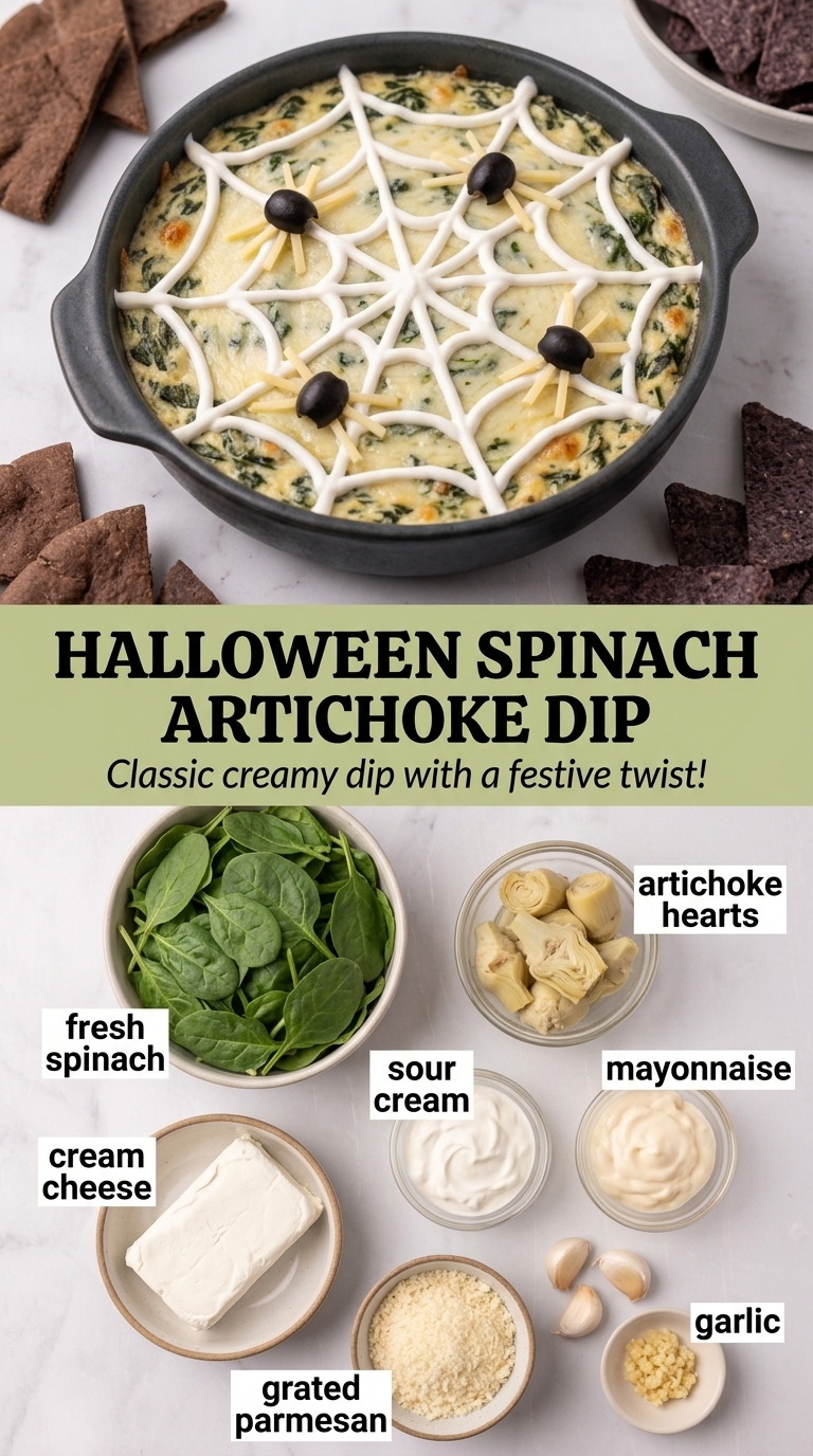 Halloween spinach artichoke dip finished dish made with fresh spinach, artichoke hearts, and cream cheese