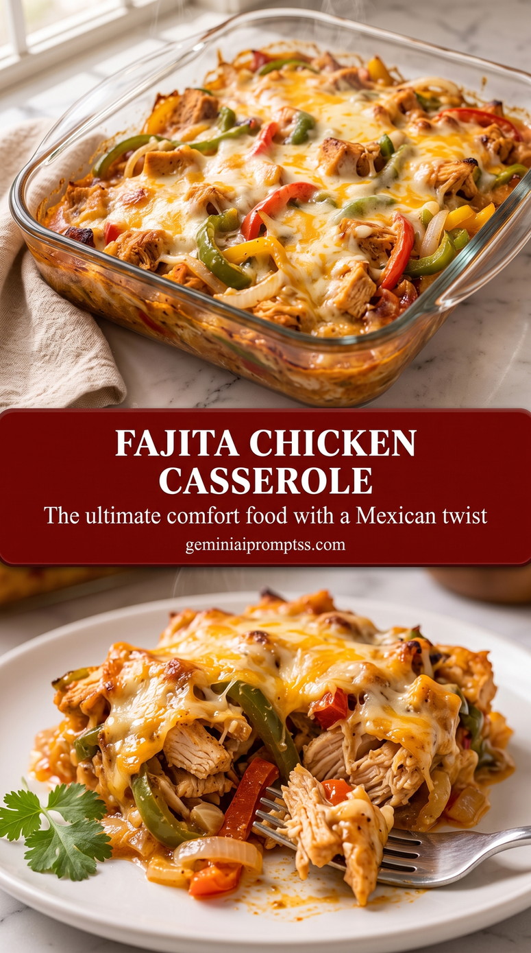 Fajita Chicken Casserole with browned chicken or steak with red and green peppers, onions, and a bright fresh finish