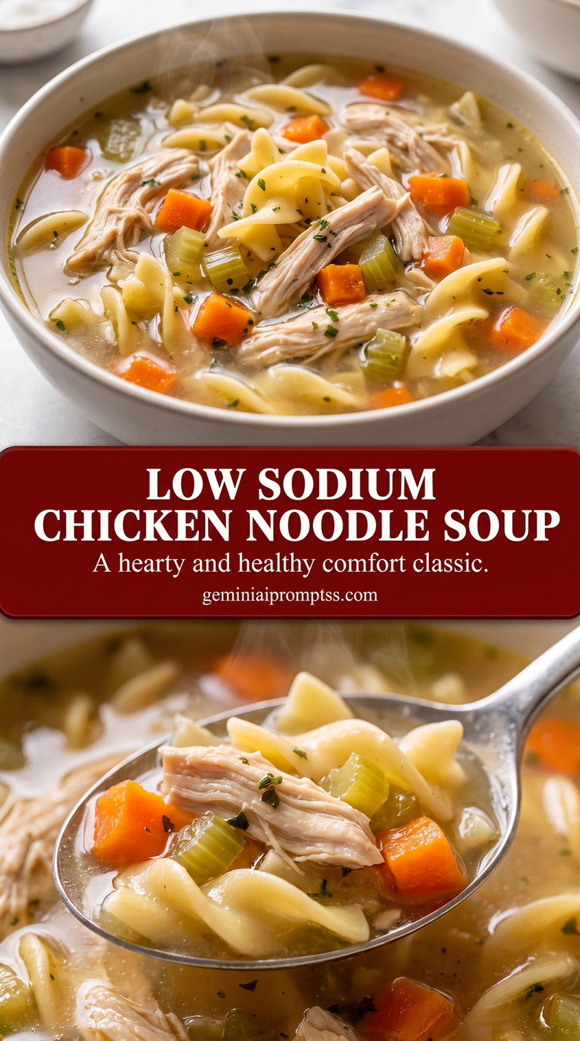 Low sodium chicken noodle soup showing a comforting chicken noodle soup with tender vegetables and noodles