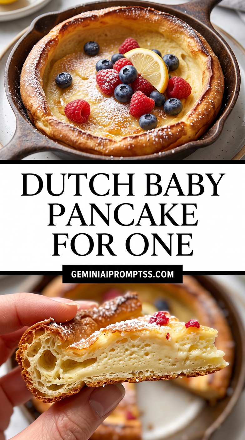 Dutch Baby Pancake For One showing small individual Dutch baby with a tall rim, mixed berries and powdered sugar