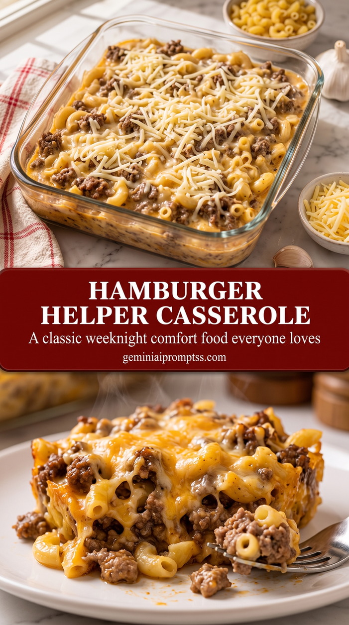 hamburger helper casserole with a cheesy hamburger casserole with elbow macaroni, ground beef, and melted cheese