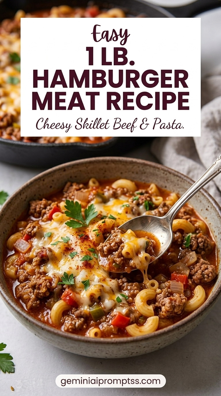 1 Lb Hamburger Meat Recipes showing a cheesy one-pan ground beef and elbow macaroni skillet with tomatoes, peppers, cheddar, and parsley