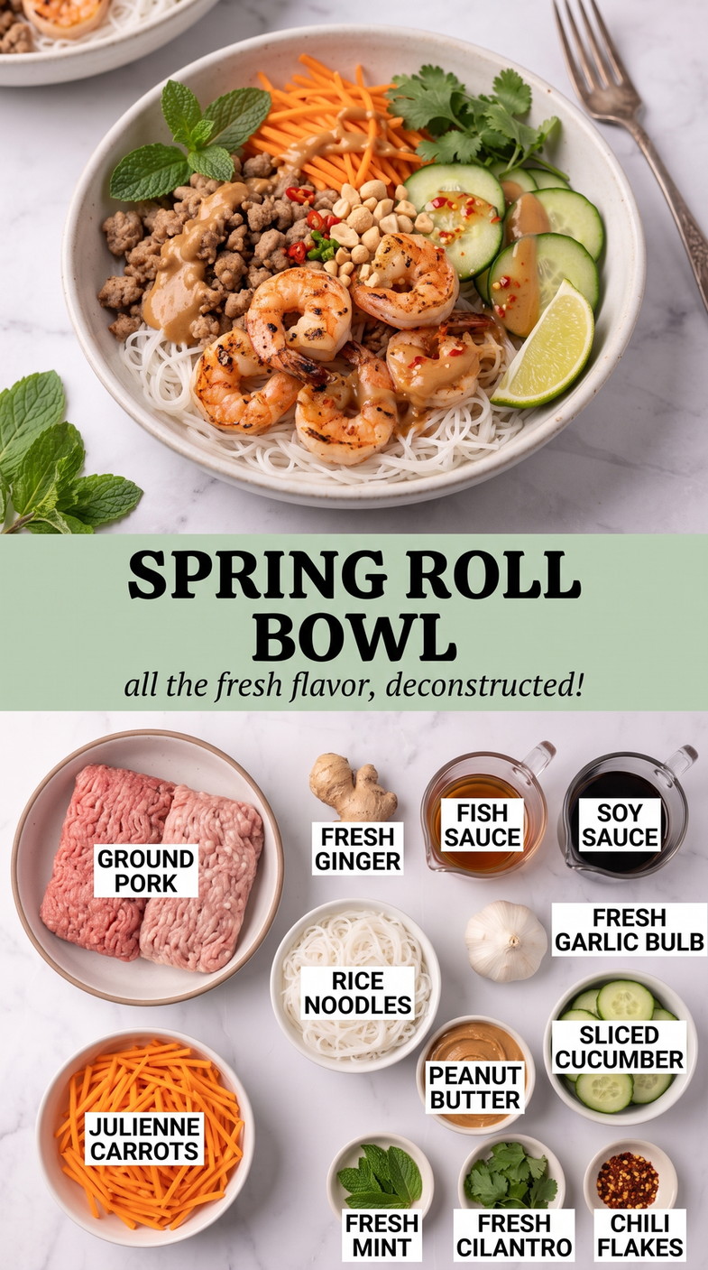 Spring Roll Bowl showing rice noodles, seasoned pork, carrots, cucumber, mint, cilantro, and peanut sauce