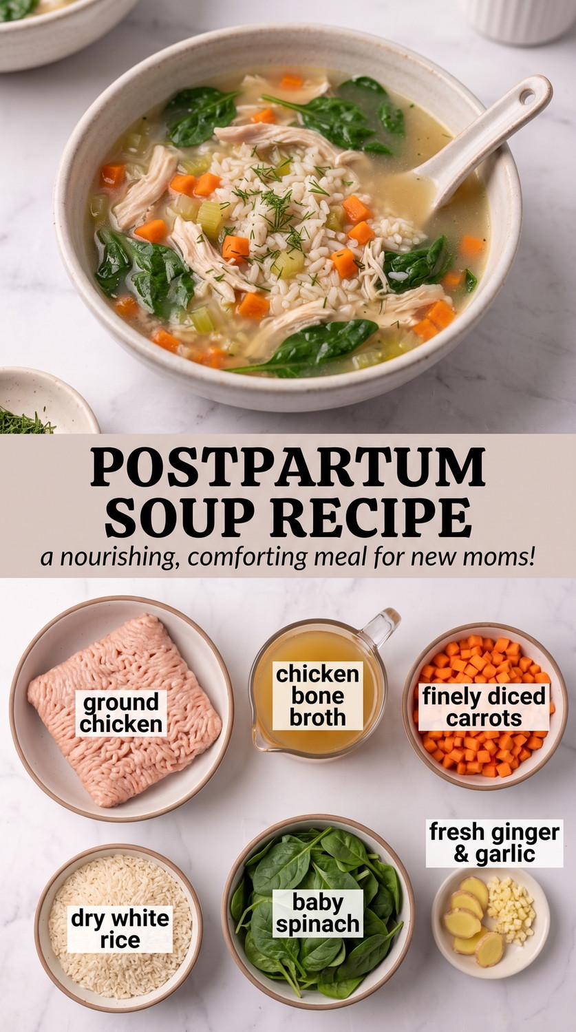 Postpartum Soup Recipes showing a light chicken, rice, carrot and spinach soup with ginger and garlic