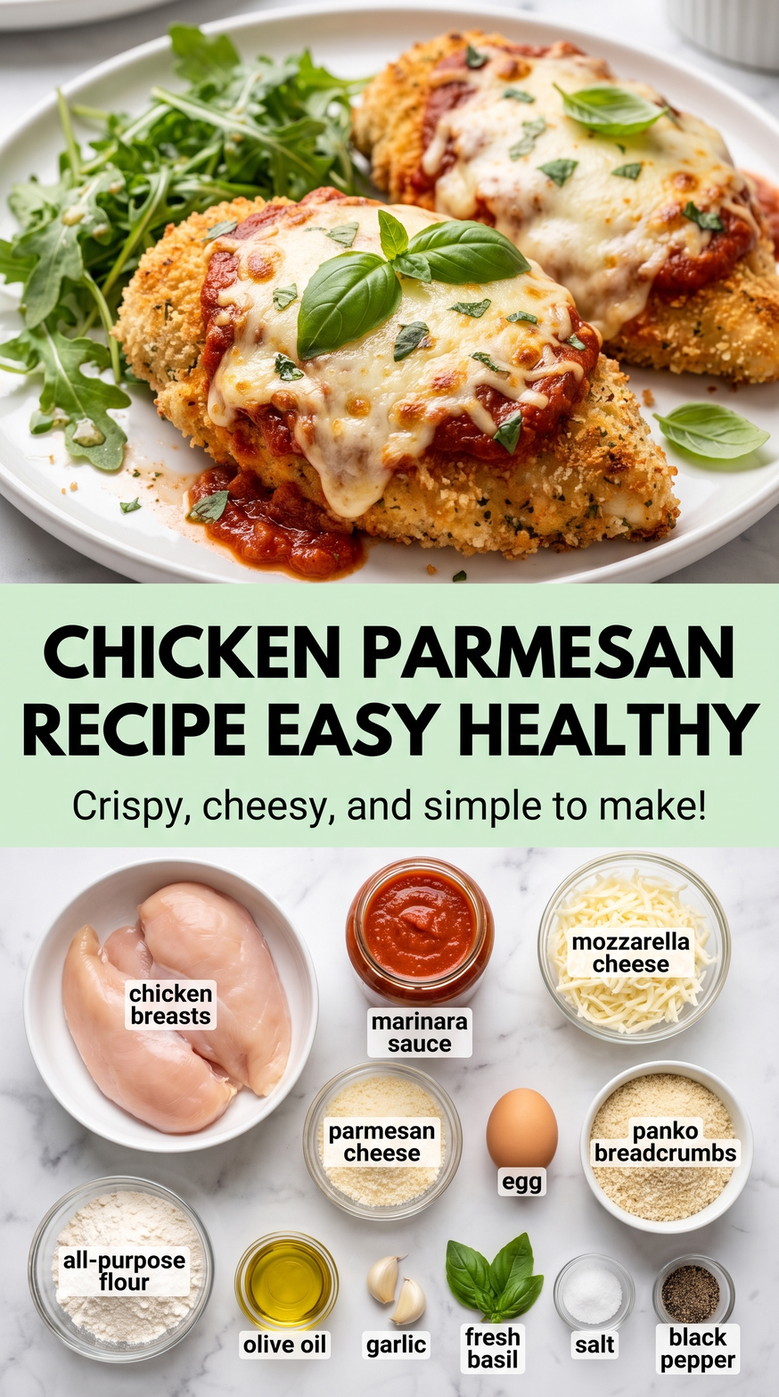 Chicken parmesan recipe easy healthy showing golden breaded chicken topped with marinara, melted cheese, and herbs