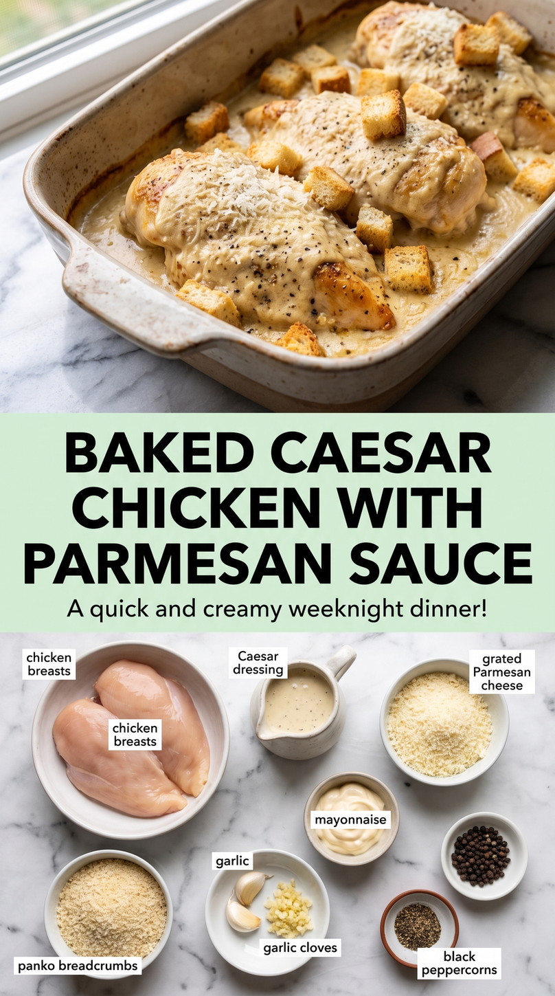 Baked Caesar Chicken with Parmesan Sauce - chicken with crisp romaine, Parmesan, Caesar dressing, and crunchy toppings