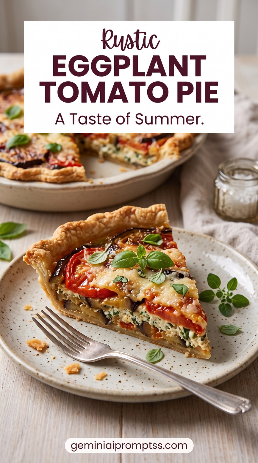Rustic Eggplant Tomato Ricotta Pie showing a savory pie crust filled with eggplant, tomato slices, herbs, and a creamy cheese mixture