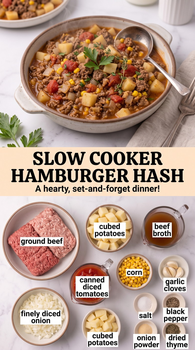 Slow Cooker Hamburger Hash with slow-cooker hamburger hash with potatoes, tomatoes, corn, onion, and thyme