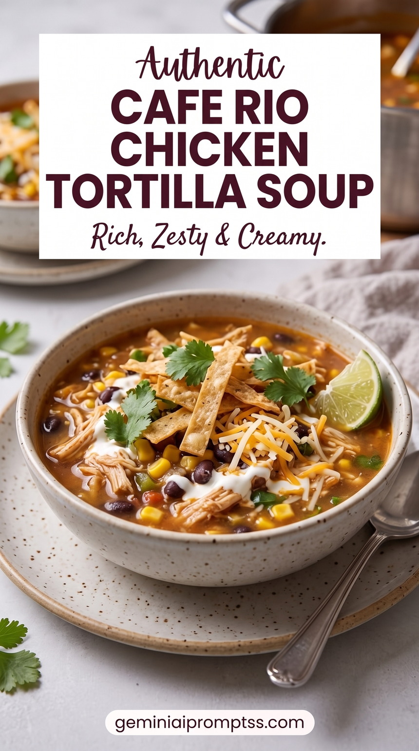 Cafe Rio Chicken Tortilla Soup with shredded chicken, tortilla strips, avocado, beans, corn, lime, and a red tomato-chile broth