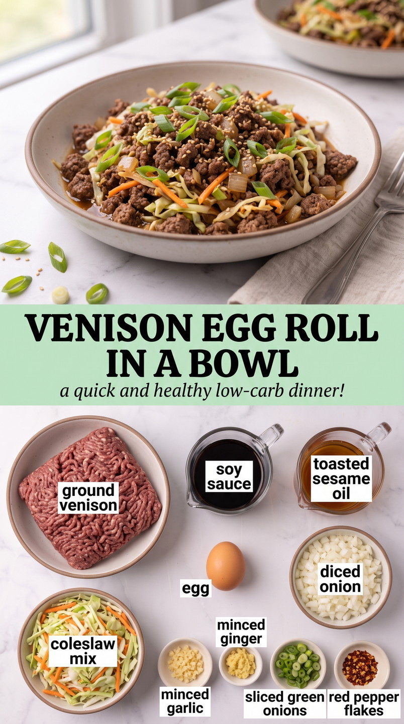 Venison Egg Roll in a Bowl with ground venison with cabbage-carrot slaw, onion, ginger, garlic, sesame, scallions, and mild chile