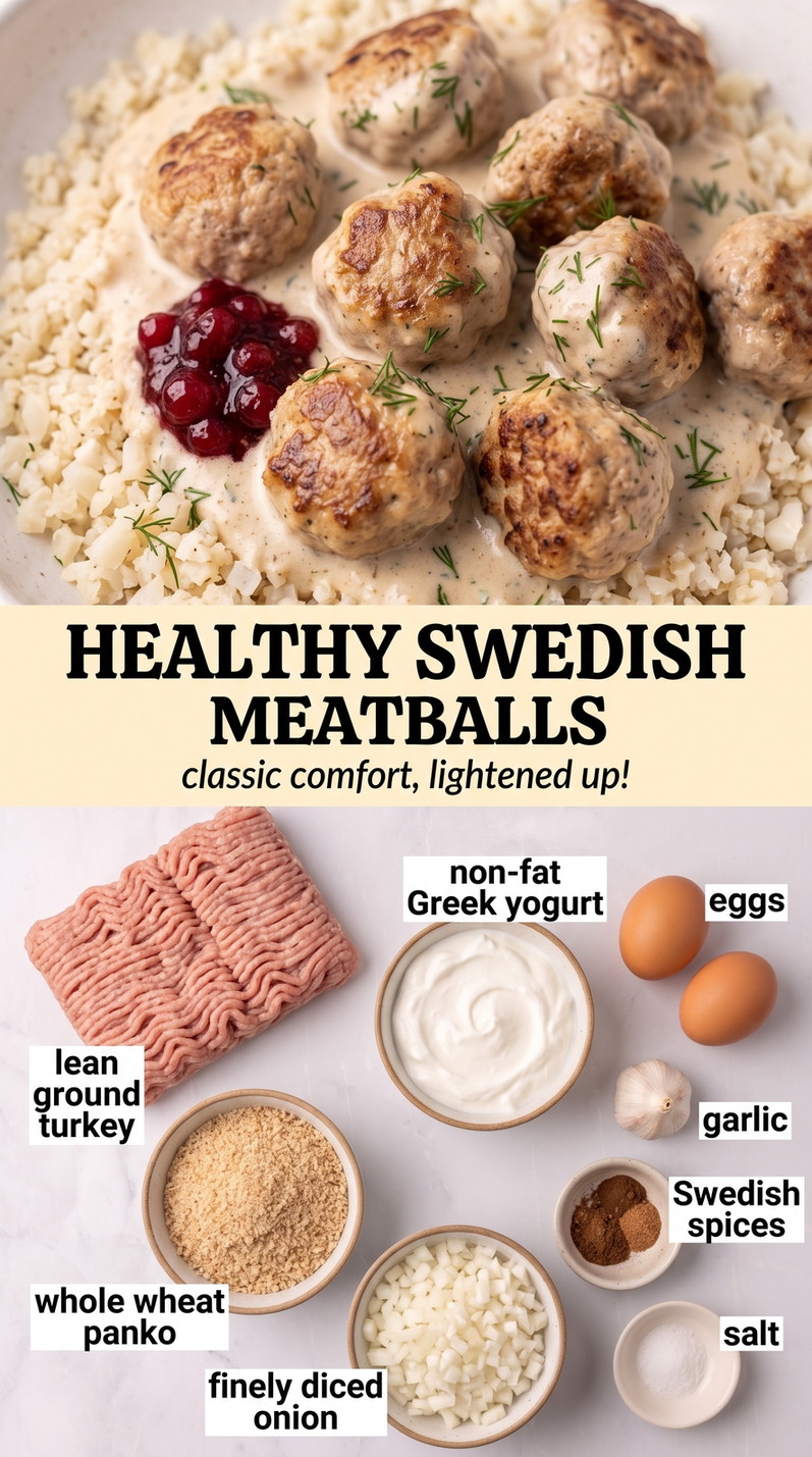 Healthy Swedish meatballs finished dish made with lean ground turkey, non-fat Greek yogurt, and eggs