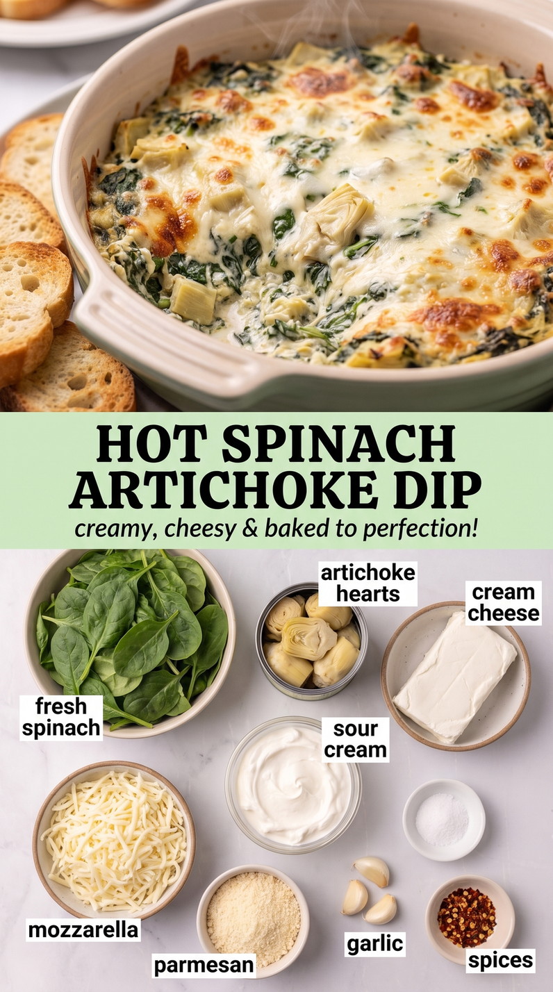 Hot spinach artichoke dip finished dish made with fresh spinach, artichoke hearts, and cream cheese