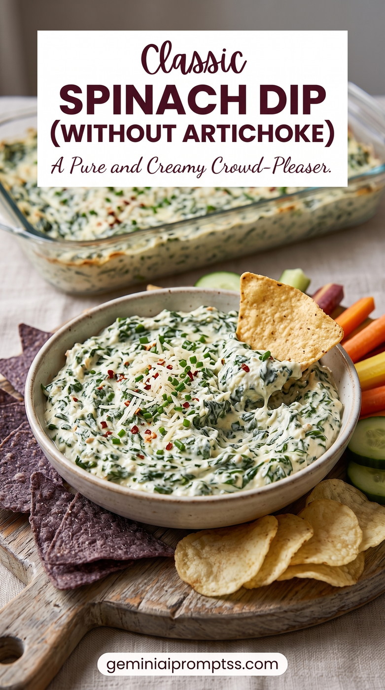 Spinach dip without artichoke showing a spinach-only creamy dip served with tortilla chips, vegetable sticks, and cucumbers