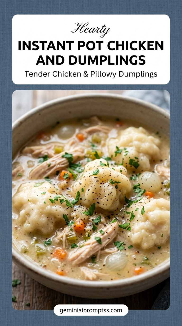 Instant Pot Chicken and Dumplings showing creamy Instant Pot chicken and dumplings with carrots, celery, and soft round dumplings